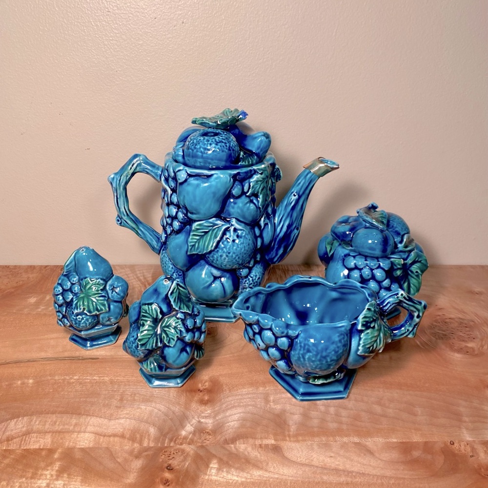 Vintage Inarco Blue Mood Indigo Teapot Sugar Creamer Salt & Pepper Shaker Set